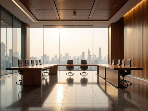 宽敞明亮的会议室，现代化装修风格，落地窗采光良好，会议桌旁坐着几位商务人士正在开会，体现专业服务环境