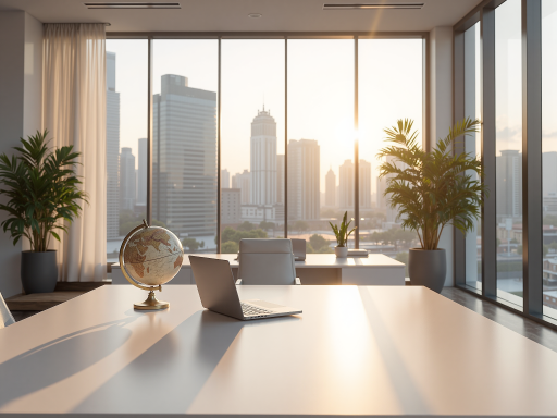 现代化城市天际线，高楼大厦林立，阳光明媚，象征企业发展前景，寓意光明未来